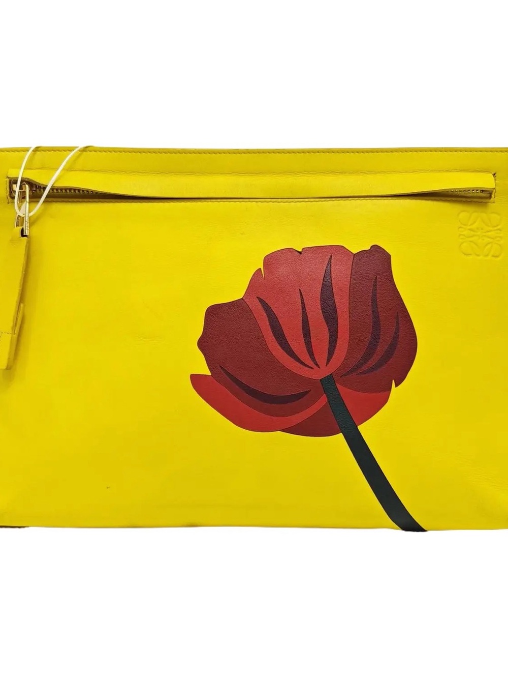 Loewe Pouch Yellow Leather Clutch with Red Floral Graphic
